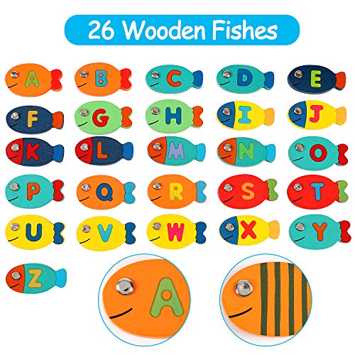 Lewo 2 en 1 Juego de Pesca 30 PCS Alfabeto Magnético de Madera Carta de Pesca Juguetes para 3 4 5 Años de Edad Niñas Niños Pequeños Cumpleaños Aprendizaje Educación Juguetes