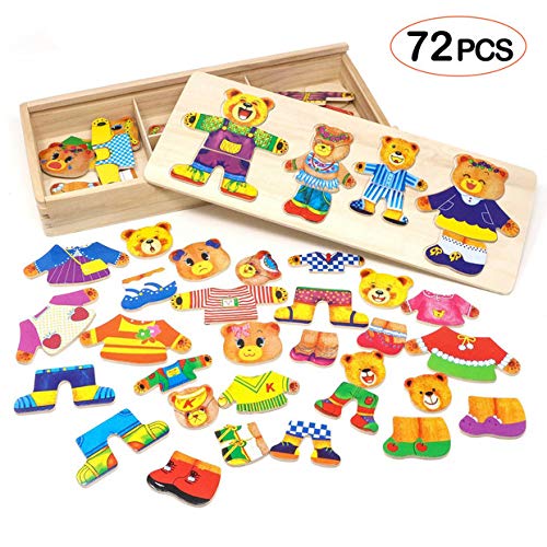 Lewo Puzzle de Madera Juguetes para niñas Familia del Oso Juegos de Vestir para niños con Estuche de Almacenamiento