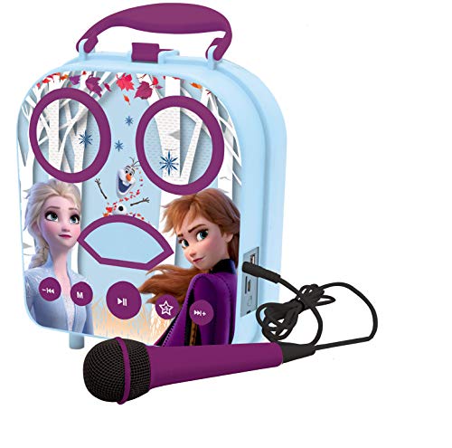 LEXIBOOK- Disney Frozen 2, Anna & Elsa-Karaoke Micro Star inalámbrico, con Bluetooth, micrófono, Toma Auxiliar, Puerto USB, Alta, Color Morado, Talla Única