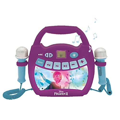 LEXIBOOK- Disney Frozen 2 - Reproductor de música de Karaoke portátil para niños - Micrófonos, Efectos de luz, Bluetooth, Grabación y Cambio de Voz, Baterías Recargables, Púrpura, MP320FZZ