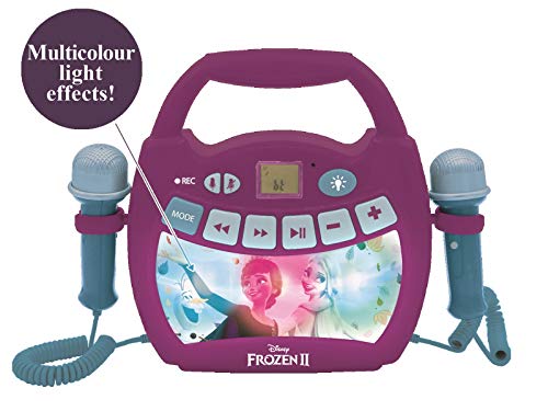 LEXIBOOK- Disney Frozen 2 - Reproductor de música de Karaoke portátil para niños - Micrófonos, Efectos de luz, Bluetooth, Grabación y Cambio de Voz, Baterías Recargables, Púrpura, MP320FZZ