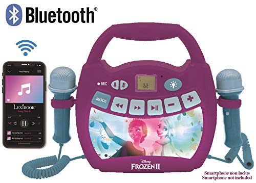 LEXIBOOK- Disney Frozen 2 - Reproductor de música de Karaoke portátil para niños - Micrófonos, Efectos de luz, Bluetooth, Grabación y Cambio de Voz, Baterías Recargables, Púrpura, MP320FZZ