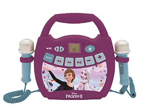 LEXIBOOK- Disney Frozen 2 - Reproductor de música de Karaoke portátil para niños - Micrófonos, Efectos de luz, Bluetooth, Grabación y Cambio de Voz, Baterías Recargables, Púrpura, MP320FZZ