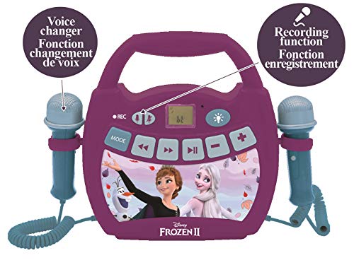 LEXIBOOK- Disney Frozen 2 - Reproductor de música de Karaoke portátil para niños - Micrófonos, Efectos de luz, Bluetooth, Grabación y Cambio de Voz, Baterías Recargables, Púrpura, MP320FZZ