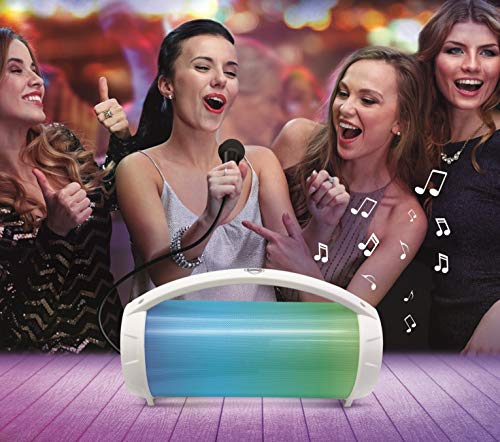 LEXIBOOK- iParty-Altavoz portátil Bluetooth micrófono, estéreo, Efectos de luz, Karaoke, inalámbrico, Radio FM, USB, Tarjeta SD, batería Recargable, Blanco, Color