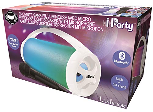 LEXIBOOK- iParty-Altavoz portátil Bluetooth micrófono, estéreo, Efectos de luz, Karaoke, inalámbrico, Radio FM, USB, Tarjeta SD, batería Recargable, Blanco, Color