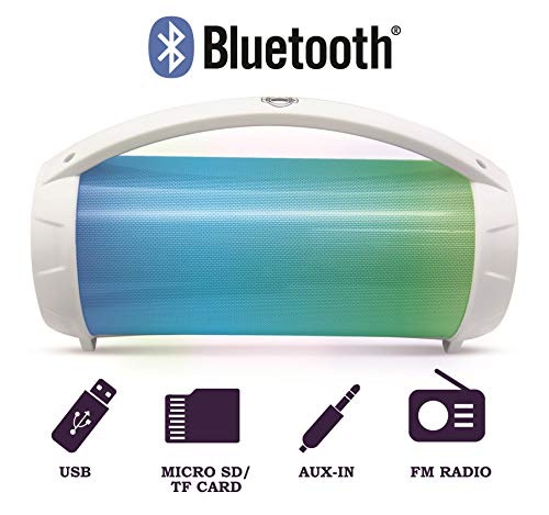 LEXIBOOK- iParty-Altavoz portátil Bluetooth micrófono, estéreo, Efectos de luz, Karaoke, inalámbrico, Radio FM, USB, Tarjeta SD, batería Recargable, Blanco, Color