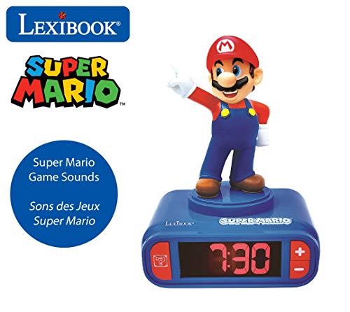 LEXIBOOK- Nintendo Super Mario - Reloj Despertador con Pantalla LCD Digital, quitamiedos niño, Azul/Roja, Multicolor (RL800NI)