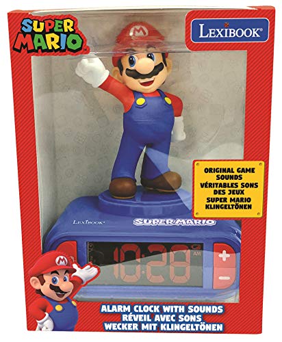 LEXIBOOK- Nintendo Super Mario - Reloj Despertador con Pantalla LCD Digital, quitamiedos niño, Azul/Roja, Multicolor (RL800NI)