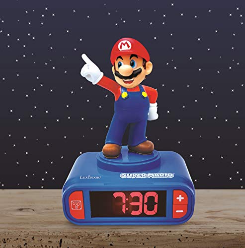 LEXIBOOK- Nintendo Super Mario - Reloj Despertador con Pantalla LCD Digital, quitamiedos niño, Azul/Roja, Multicolor (RL800NI)