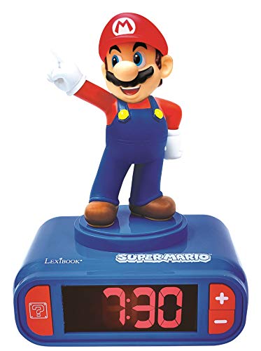 LEXIBOOK- Nintendo Super Mario - Reloj Despertador con Pantalla LCD Digital, quitamiedos niño, Azul/Roja, Multicolor (RL800NI)