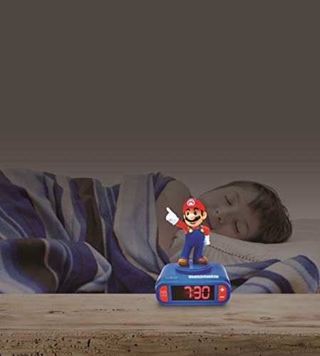 LEXIBOOK- Nintendo Super Mario - Reloj Despertador con Pantalla LCD Digital, quitamiedos niño, Azul/Roja, Multicolor (RL800NI)