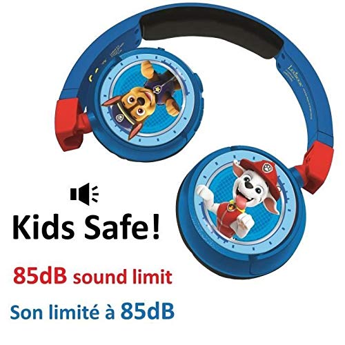 LEXIBOOK- Paw Patrol Auriculares Bluetooth 2 en 1-Estéreo inalámbrico, Seguro niñas, Plegable, Ajustable, Rojo/Azul