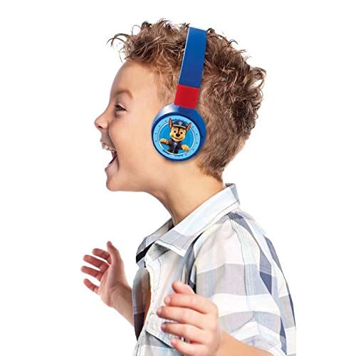 LEXIBOOK- Paw Patrol Auriculares Bluetooth 2 en 1-Estéreo inalámbrico, Seguro niñas, Plegable, Ajustable, Rojo/Azul