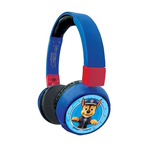 LEXIBOOK- Paw Patrol Auriculares Bluetooth 2 en 1-Estéreo inalámbrico, Seguro niñas, Plegable, Ajustable, Rojo/Azul