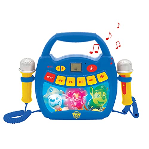 LEXIBOOK- Paw Patrol - Reproductor de música de Karaoke portátil para niños - Micrófonos, Efectos de luz, Bluetooth, Grabación y Cambio de Voz, Baterías Recargables, Azul/Rojo