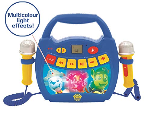 LEXIBOOK- Paw Patrol - Reproductor de música de Karaoke portátil para niños - Micrófonos, Efectos de luz, Bluetooth, Grabación y Cambio de Voz, Baterías Recargables, Azul/Rojo