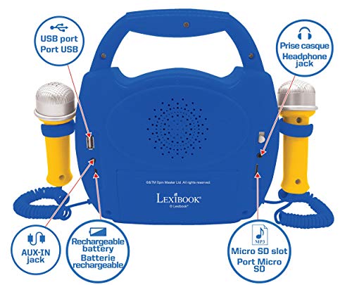 LEXIBOOK- Paw Patrol - Reproductor de música de Karaoke portátil para niños - Micrófonos, Efectos de luz, Bluetooth, Grabación y Cambio de Voz, Baterías Recargables, Azul/Rojo