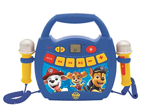 LEXIBOOK- Paw Patrol - Reproductor de música de Karaoke portátil para niños - Micrófonos, Efectos de luz, Bluetooth, Grabación y Cambio de Voz, Baterías Recargables, Azul/Rojo