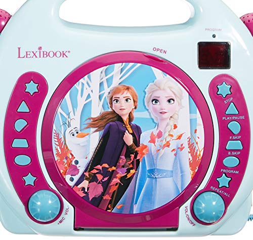 LEXIBOOK RCDK100FZ Disney Frozen-Lector CD Portátil con 2 Micros, Altavoz Karaoke a Partir de 3 años, Color Azul, One Size