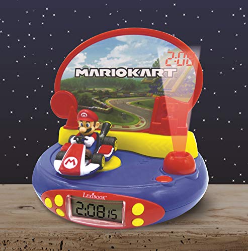 LEXIBOOK Reloj Despertador con Proyector de Mario Kart Nintendo-con Luz Nocturna y Proyección de Tiempo en el Techo, Efectos de Sonido, Niñas, Azul/Rojo