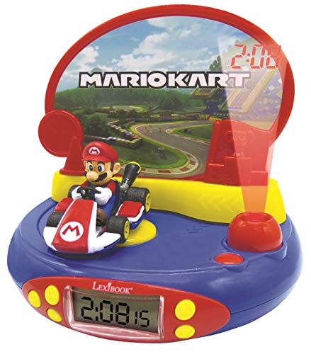 LEXIBOOK Reloj Despertador con Proyector de Mario Kart Nintendo-con Luz Nocturna y Proyección de Tiempo en el Techo, Efectos de Sonido, Niñas, Azul/Rojo