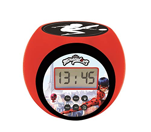 LEXIBOOK- Reloj Despertador con proyector Miraculous con función de repetición y Alarma, luz Nocturna con Temporizador, Pantalla LCD, batería, Rojo/Negro, RL977MI