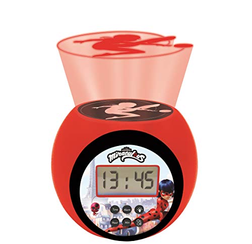 LEXIBOOK- Reloj Despertador con proyector Miraculous con función de repetición y Alarma, luz Nocturna con Temporizador, Pantalla LCD, batería, Rojo/Negro, RL977MI