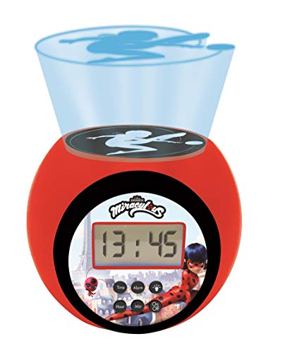 LEXIBOOK- Reloj Despertador con proyector Miraculous con función de repetición y Alarma, luz Nocturna con Temporizador, Pantalla LCD, batería, Rojo/Negro, RL977MI