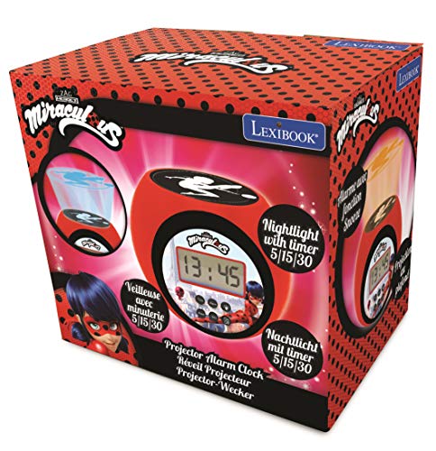 LEXIBOOK- Reloj Despertador con proyector Miraculous con función de repetición y Alarma, luz Nocturna con Temporizador, Pantalla LCD, batería, Rojo/Negro, RL977MI