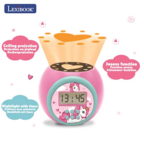 LEXIBOOK Reloj Despertador con proyector Unicornio con función de repetición y Alarma, luz Nocturna con Temporizador, Pantalla LCD, batería, Rosado, Color