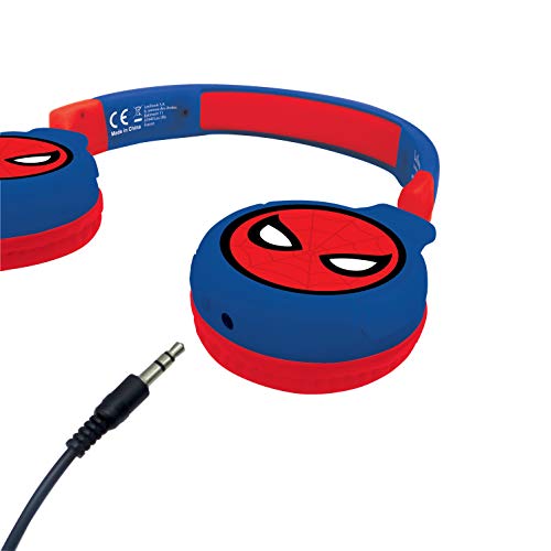 LEXIBOOK- Spiderman Auriculares Bluetooth 2 en 1-Estéreo inalámbrico, Seguro niñas, Plegable, Ajustable, Rojo/Azul