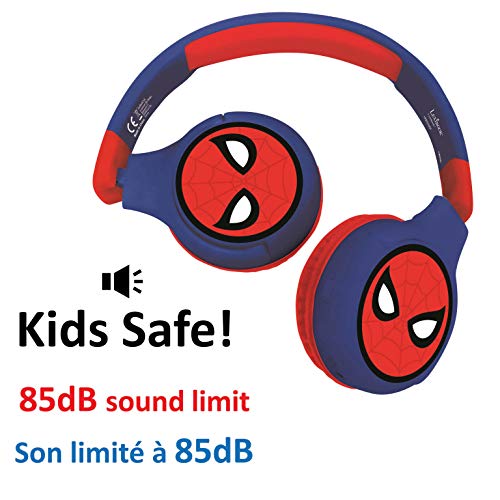 LEXIBOOK- Spiderman Auriculares Bluetooth 2 en 1-Estéreo inalámbrico, Seguro niñas, Plegable, Ajustable, Rojo/Azul