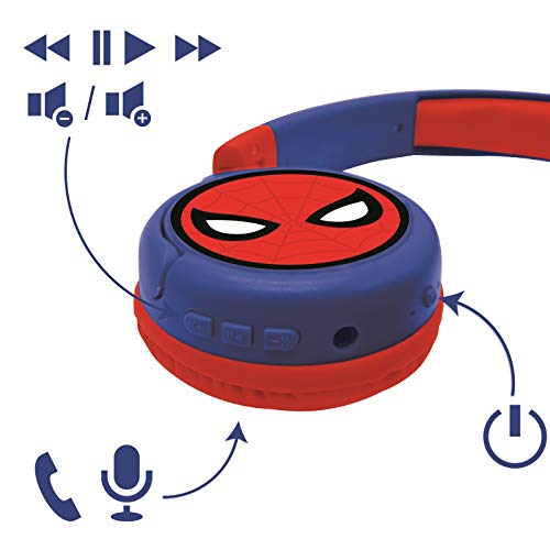 LEXIBOOK- Spiderman Auriculares Bluetooth 2 en 1-Estéreo inalámbrico, Seguro niñas, Plegable, Ajustable, Rojo/Azul