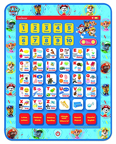 LEXIBOOK- Tablet Educativa Parlante Bilingüe Paw Patrol, Juguete para Aprender Letras, numeros, Vocabulario y música, Idiomas Español/Inglès, Azul