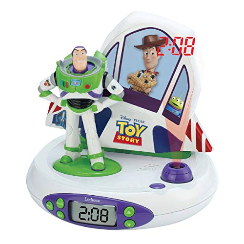 LEXIBOOK Toy Story, Disney Pixar-Radio Reloj Despertador con Buzz y Woody, proyección Luminosa de la Hora en el Techo, Efectos sonoros (RP505TS), Color Blanco/Verde