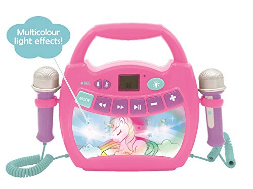 LEXIBOOK- Unicornio - Reproductor de música de Karaoke portátil para niños - Micrófonos, Efectos de luz, Bluetooth, Grabación y Cambio de Voz, Baterías Recargables, Rosa