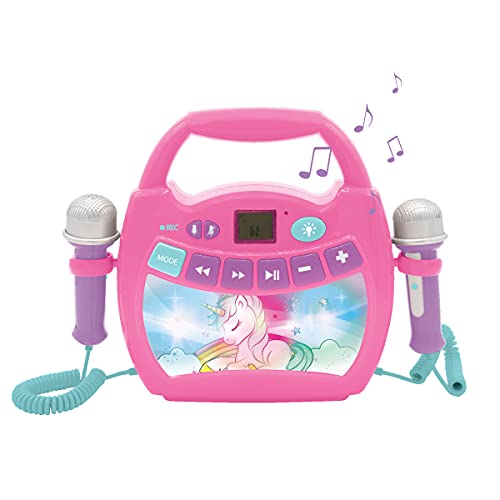 LEXIBOOK- Unicornio - Reproductor de música de Karaoke portátil para niños - Micrófonos, Efectos de luz, Bluetooth, Grabación y Cambio de Voz, Baterías Recargables, Rosa