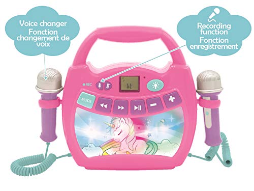 LEXIBOOK- Unicornio - Reproductor de música de Karaoke portátil para niños - Micrófonos, Efectos de luz, Bluetooth, Grabación y Cambio de Voz, Baterías Recargables, Rosa