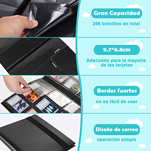 Lictin Álbum de para Cartas-Álbum de para Cartas coleccionista Negro para 396 Cartas 22 Paginas Transparente e impermeable Para Tarjetas de Tamaño Estándar(Negro)