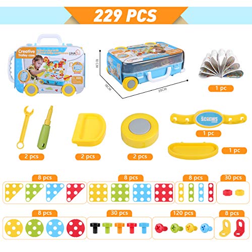 LIHAO 229 Piezas Juguetes Construcción Puzzles 3D Mosaicos para Niños Juguetes Montessori - Juguete de Tornillo Rompecabezas Infantiles, Pack Juego de Mosaicos Paquqte Maletero Portátil