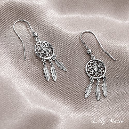 LillyMarie Pendientes de plata de ley 925 con elementos de Swarovski para mujer, diseño de atrapasueños, estuche de regalo para novia