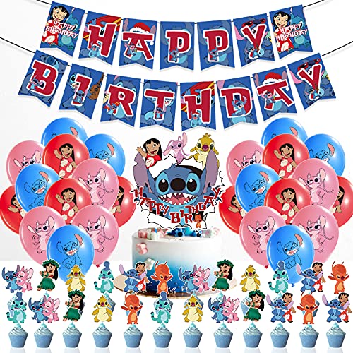 Lilo y Stitch Suministros - Decoraciónes para fiestas de cumpleaños, incluyen globos pancarta primeros de la magdalena para niños y niñas