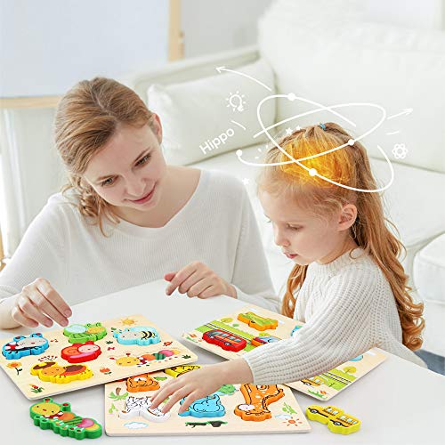 LinStyle Puzzles de Madera, Montessori Puzzle de Madera, Rompecabezas Madera Niños Preescolar Juegos y Juguetes Educativos Include Animales, Vehículos y Insectos para 1 2 3 años Niños