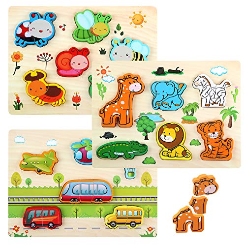 LinStyle Puzzles de Madera, Montessori Puzzle de Madera, Rompecabezas Madera Niños Preescolar Juegos y Juguetes Educativos Include Animales, Vehículos y Insectos para 1 2 3 años Niños