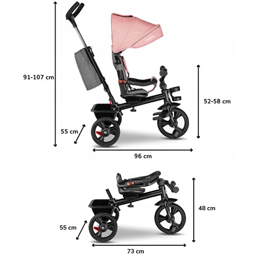 LIONELO Haari Bicicleta 2 en 1 Menores hasta 25 kg 1,5-5 años Triciclo- carrito Cesta espaciosa, bolsa y portavasos Cinturones de 3 puntos con fundas Toldo Reposapiés Rosa