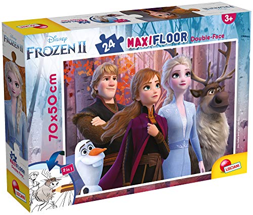 Lisciani Puzzle Maxi Floor para niños de 24 piezas 2 en 1, Doble Cara con reverso para colorear - Disney Frozen 2 La Reina de las nieves 86658