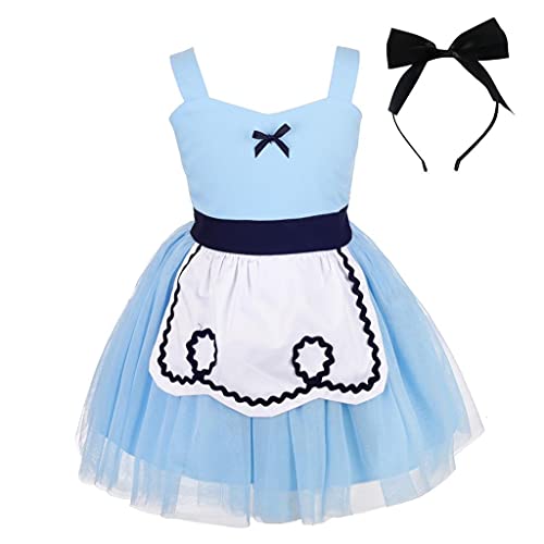 Lito Angels Disfraz de Alicia en el País de las Maravillas con Aro de Pelo para Bebe Niñas, Vestido de Tul de Verano con Delantal Blanco, Talla 12-18 meses, Azul