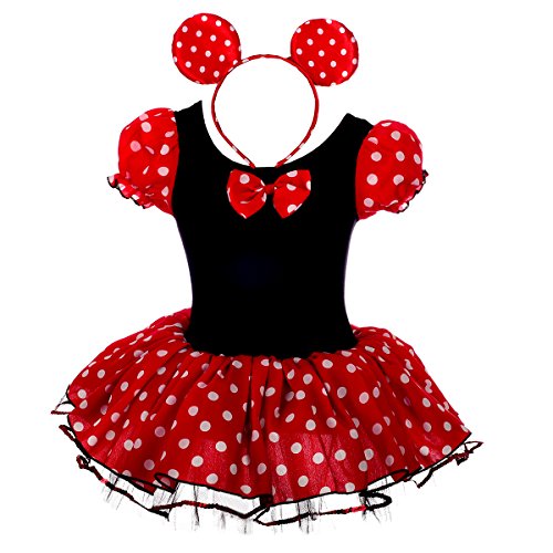 Lito Angels Disfraz de Minnie Mouse con aro de pelo con orejas de ratón para niña Vestido de falda de tutu de danza de lunares rojos Talla 5 a 6 años