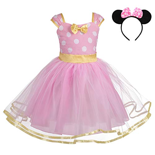 Lito Angels Disfraz de Minnie Mouse para Niña con Orejas de Ratón Aro de Pelo, Vestido de Tul con Lunares de Fiesta Cumpleaños Carnaval, Talla 18-24 meses, Rosa